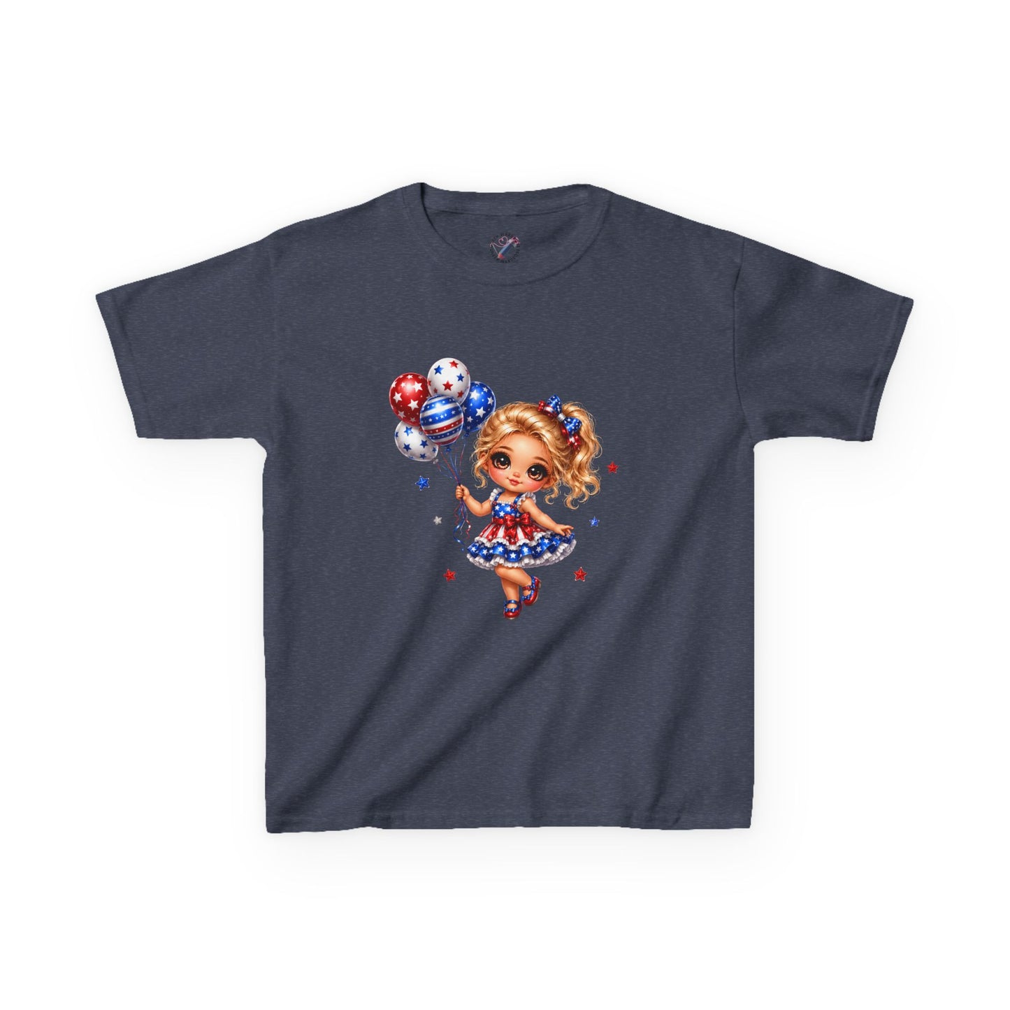 Kids Tee — Cute Patriotic Girl with Stars & Balloons (4th of July)