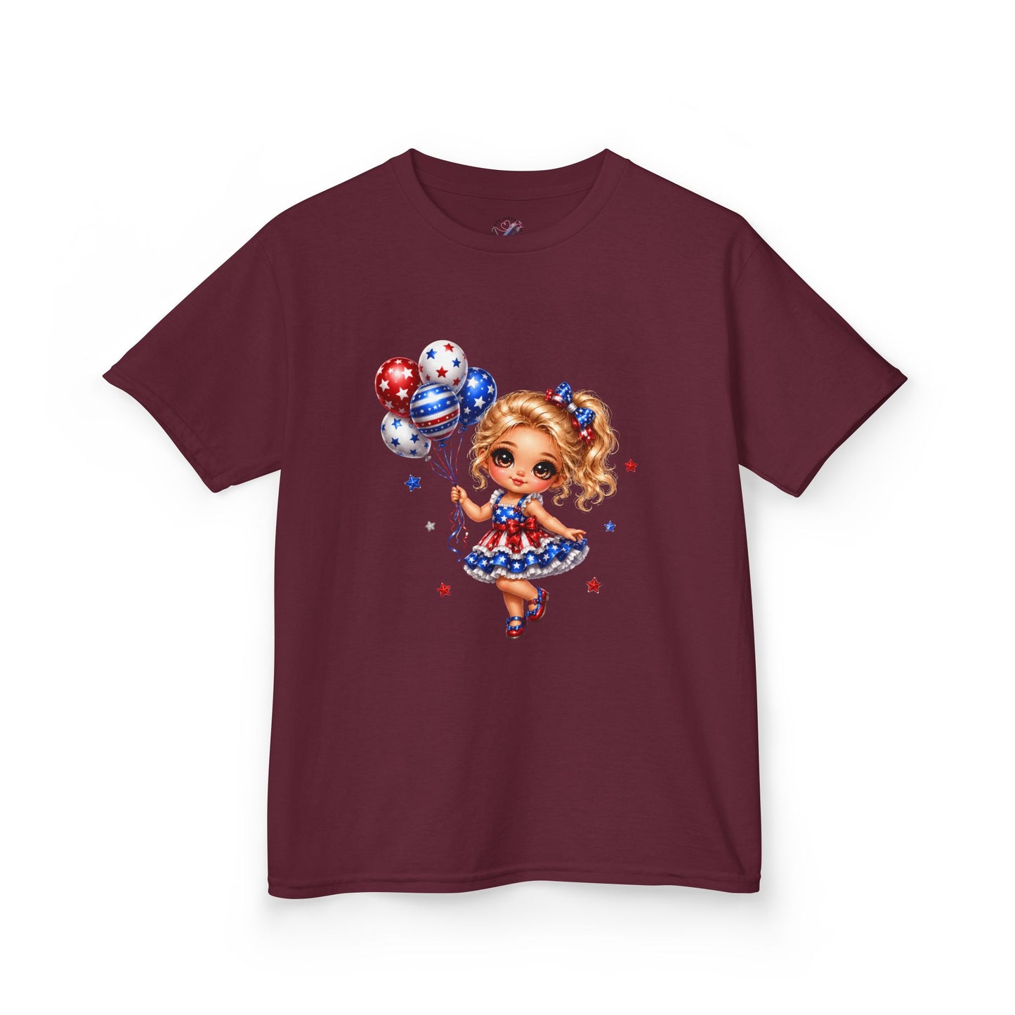 Kids Tee — Cute Patriotic Girl with Stars & Balloons (4th of July)