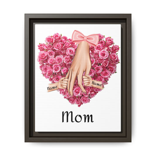 Framed Canvas Wall Art — 'Mom' Heart of Roses with Child Hands (Personalizable Names)