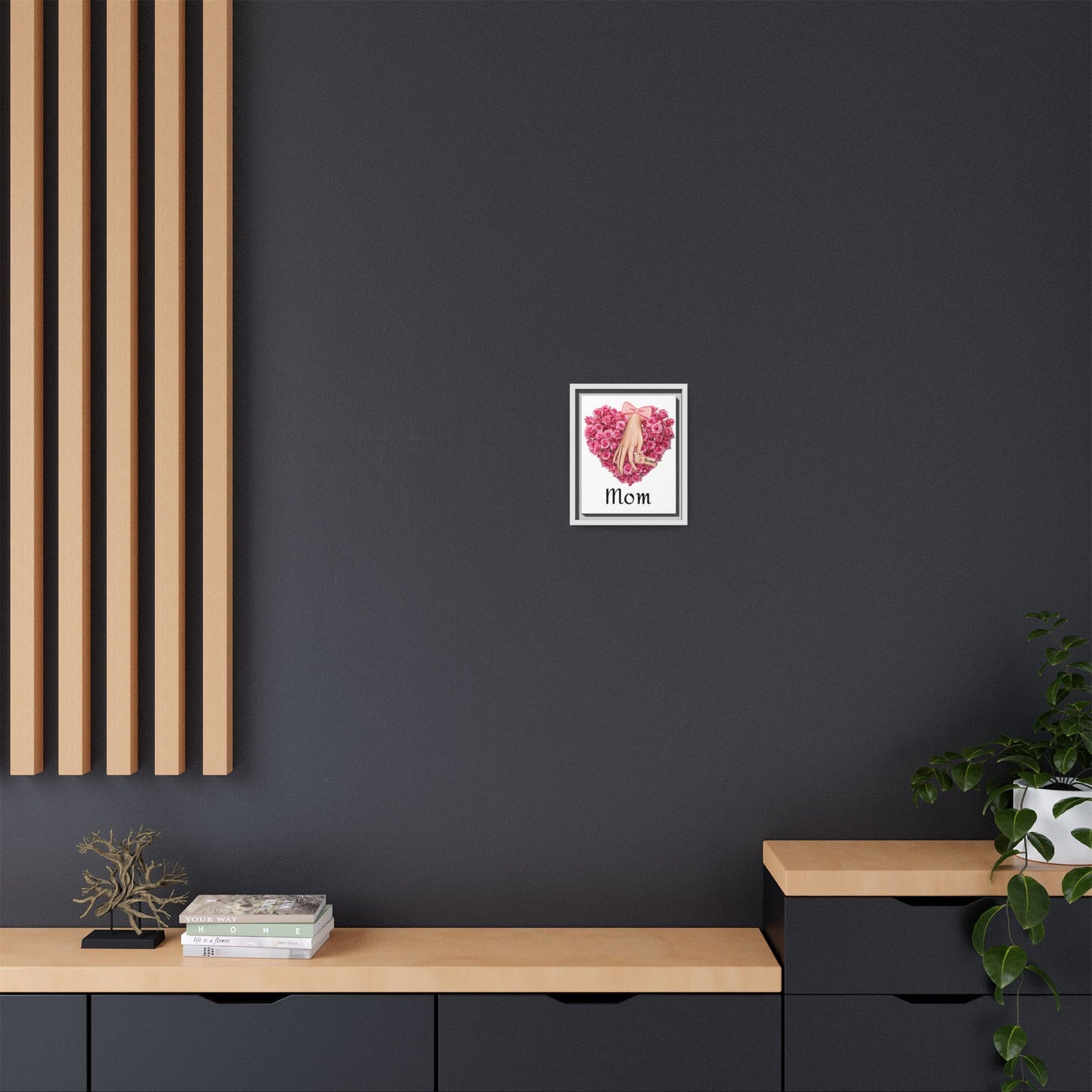 'Mom' Pink Rose Heart with Holding Hands (Matte) Framed Canvas Art