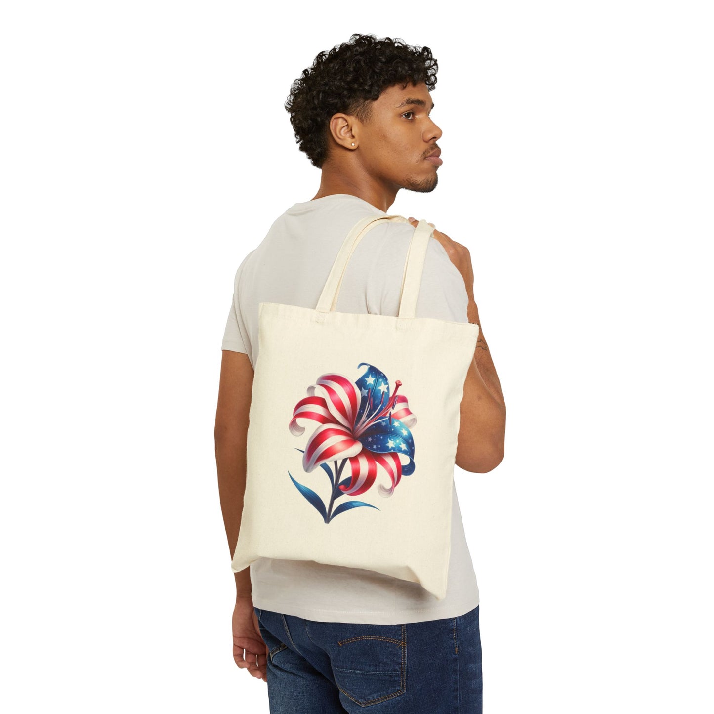 Patriotic Flag Lily Tote Bag — USA Floral Cotton Canvas Shopper for 4th of July