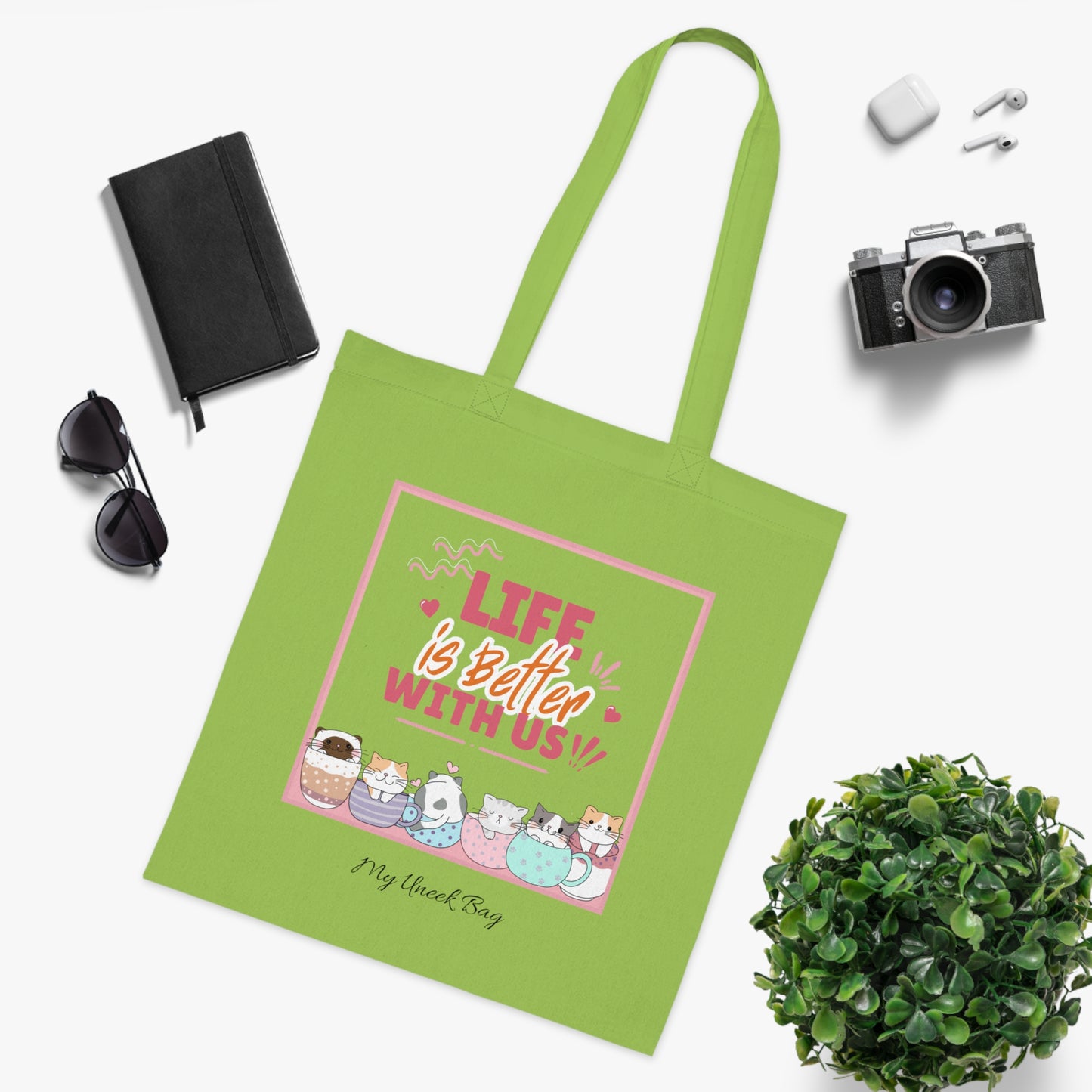 Tote Bag — "Life Is Better With Us" Cute Coffee & Cat Illustration Cotton Tote