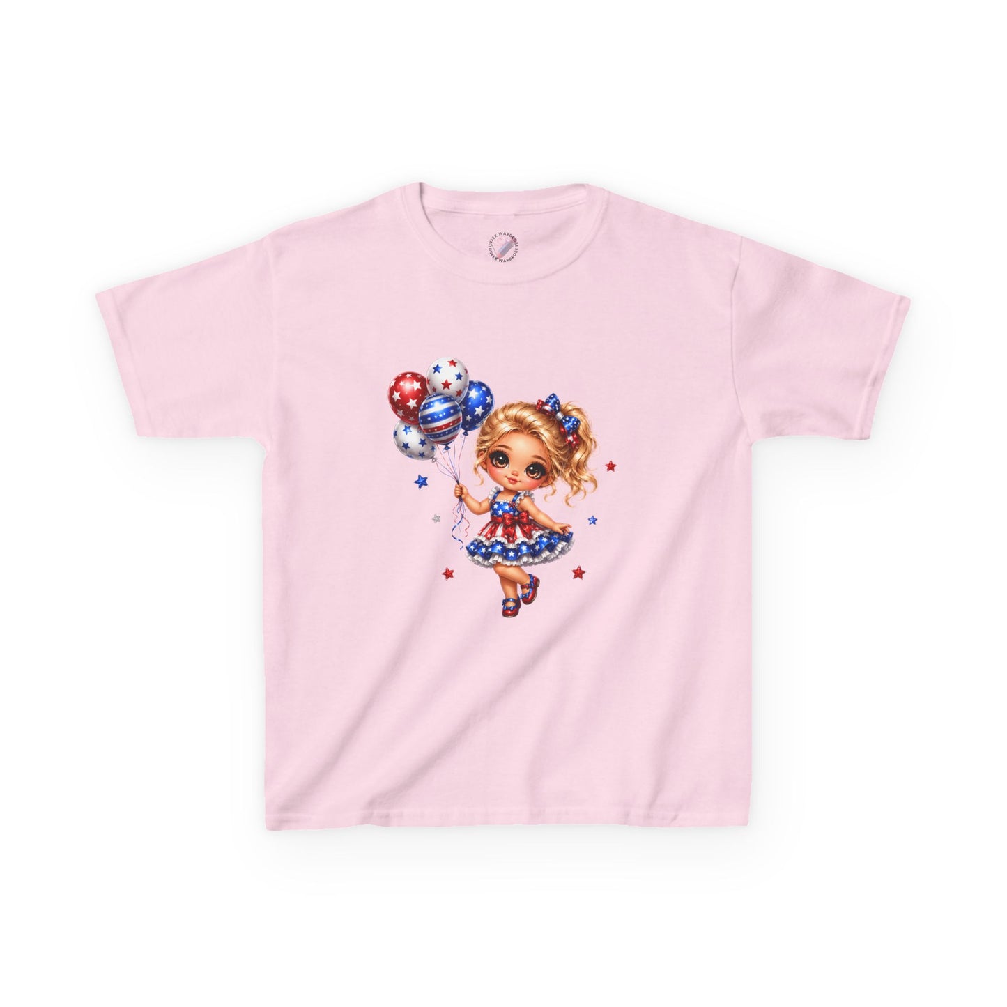 Kids Tee — Cute Patriotic Girl with Stars & Balloons (4th of July)
