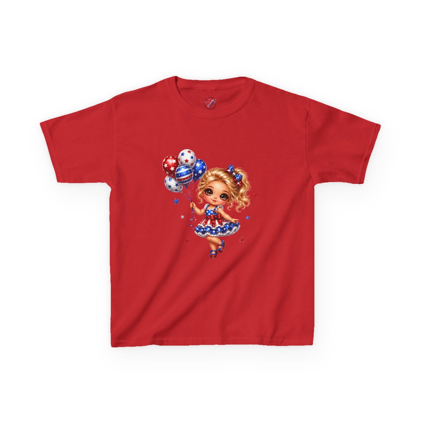 Kids Tee — Cute Patriotic Girl with Stars & Balloons (4th of July)