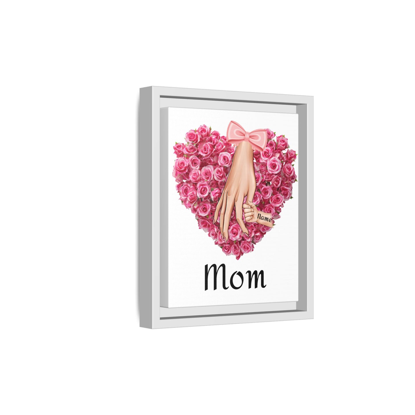 'Mom' Pink Rose Heart with Holding Hands (Matte) Framed Canvas Art
