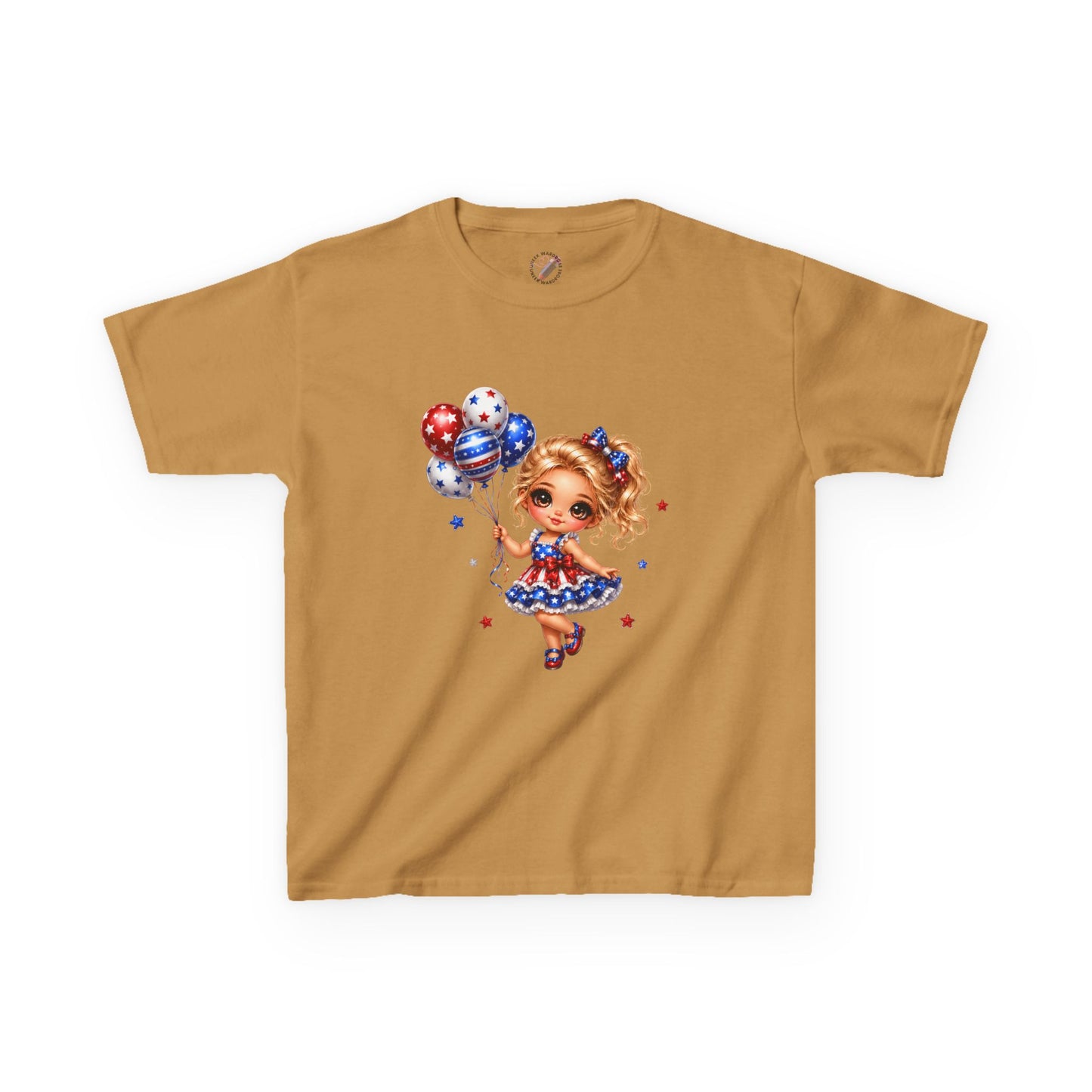 Kids Tee — Cute Patriotic Girl with Stars & Balloons (4th of July)