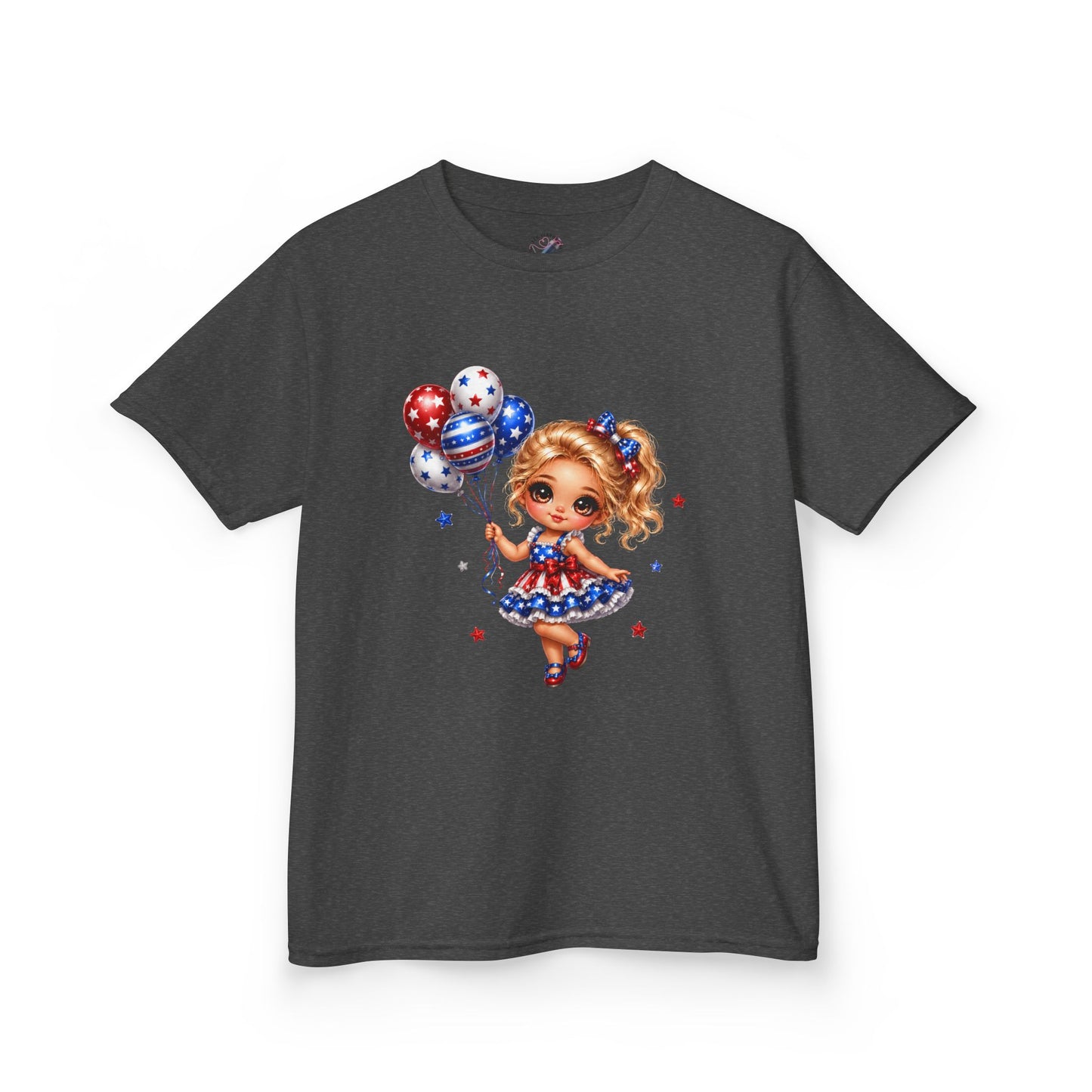 Kids Tee — Cute Patriotic Girl with Stars & Balloons (4th of July)