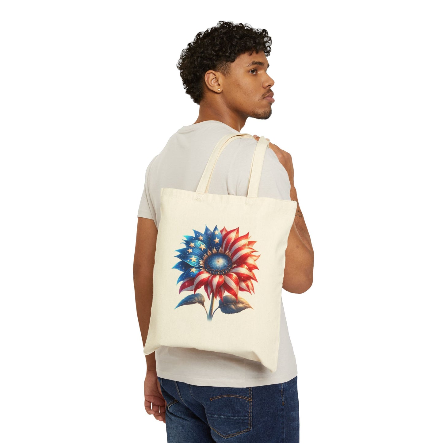 Patriotic Sunflower Tote Bag - American Flag Floral Cotton Canvas Tote