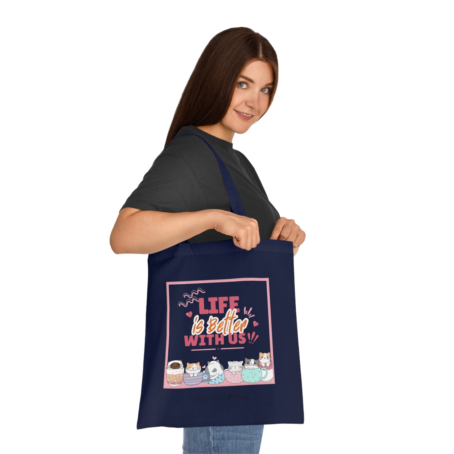 Tote Bag — "Life Is Better With Us" Cute Coffee & Cat Illustration Cotton Tote