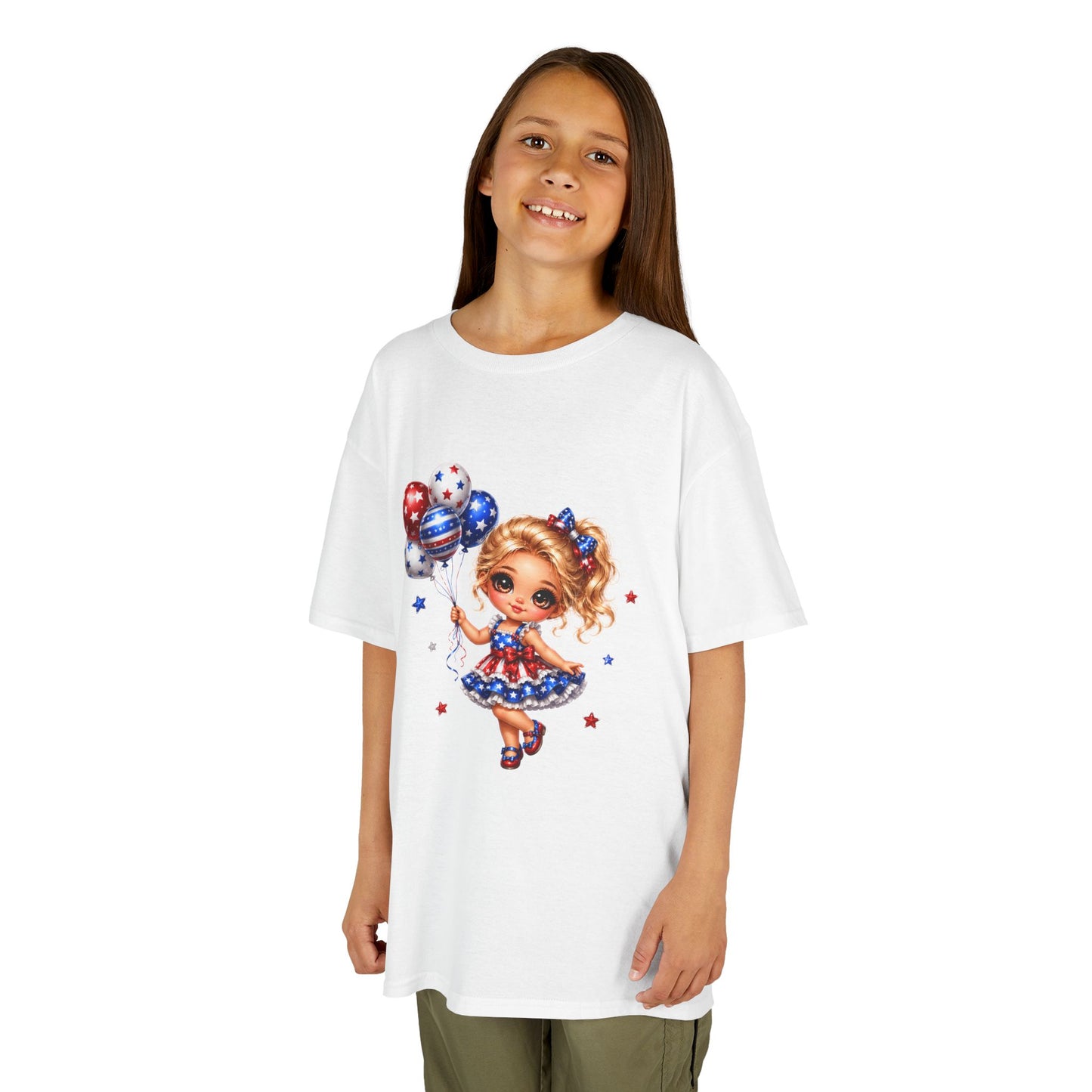 Kids Tee — Cute Patriotic Girl with Stars & Balloons (4th of July)