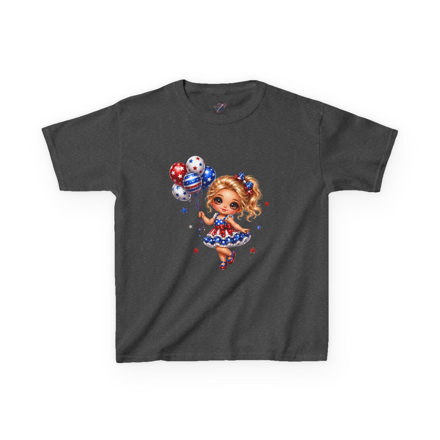 Kids Tee — Cute Patriotic Girl with Stars & Balloons (4th of July)