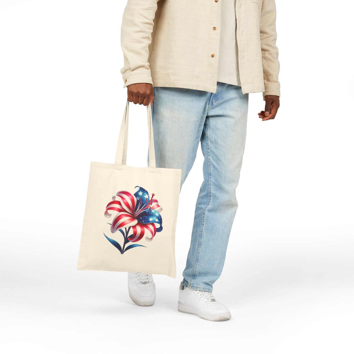 Patriotic Flag Lily Tote Bag — USA Floral Cotton Canvas Shopper for 4th of July