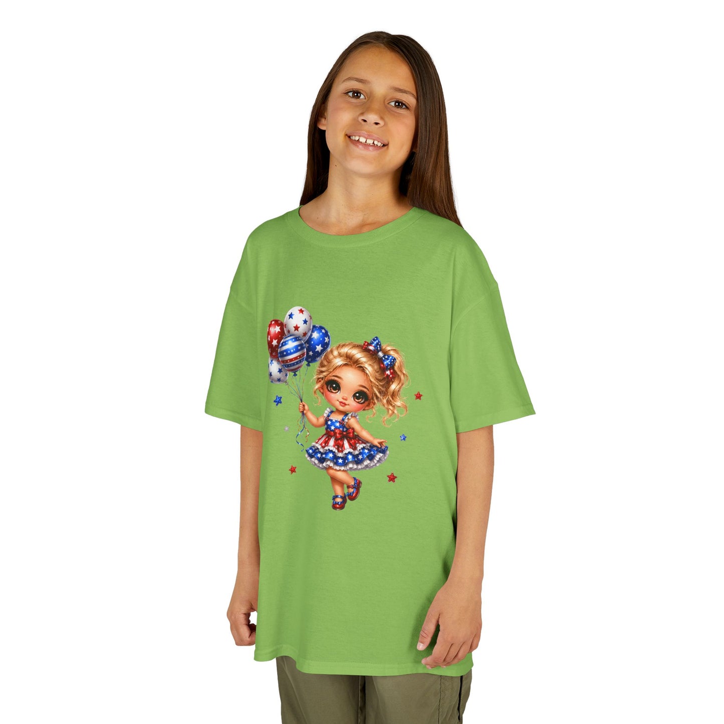 Kids Tee — Cute Patriotic Girl with Stars & Balloons (4th of July)