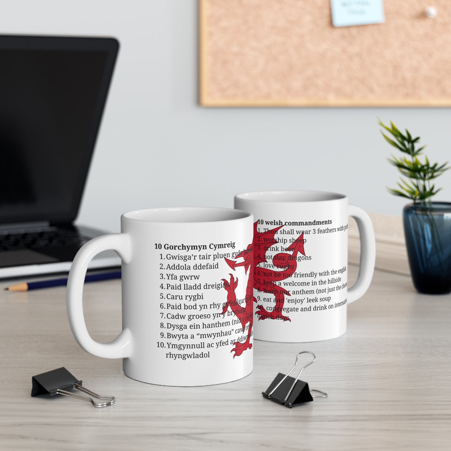 Mwg 10 Gorchymyn Cymreig | Mwg Cymraeg Doniol | Mwg Draig Cymru | Anrheg i Dad Cymreig | Mwg Dwyieithog Cymraeg a Saesneg