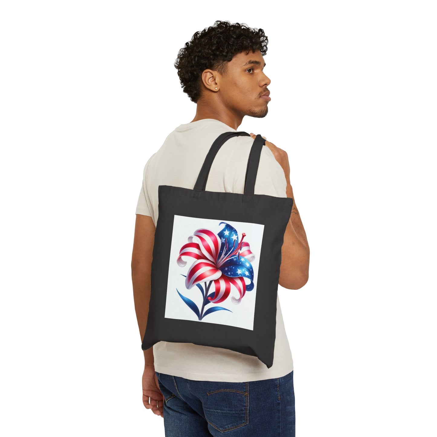 Patriotic Flag Lily Tote Bag — USA Floral Cotton Canvas Shopper for 4th of July