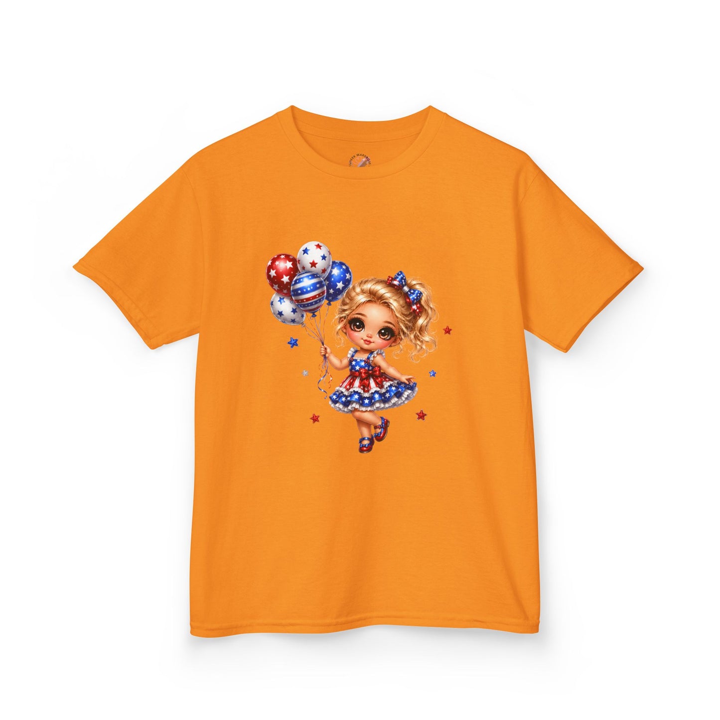 Kids Tee — Cute Patriotic Girl with Stars & Balloons (4th of July)