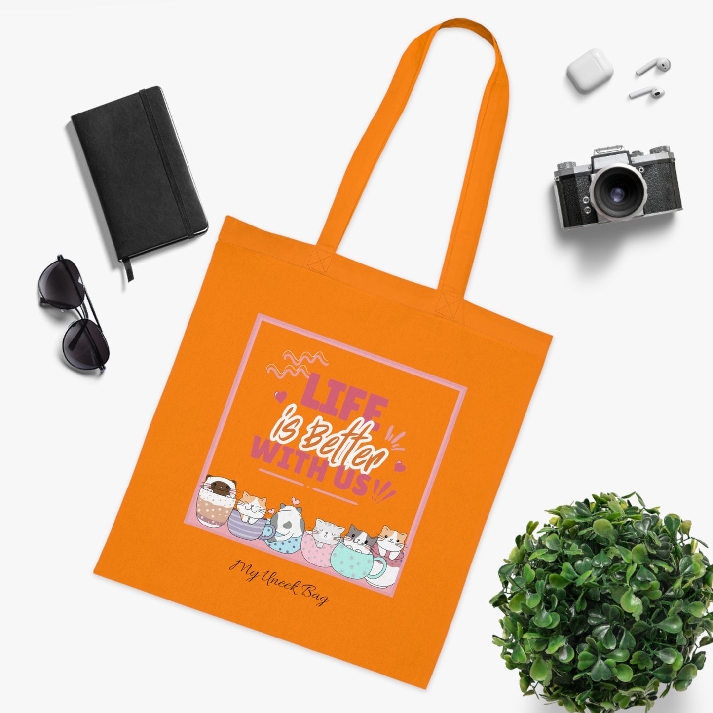 Tote Bag — "Life Is Better With Us" Cute Coffee & Cat Illustration Cotton Tote