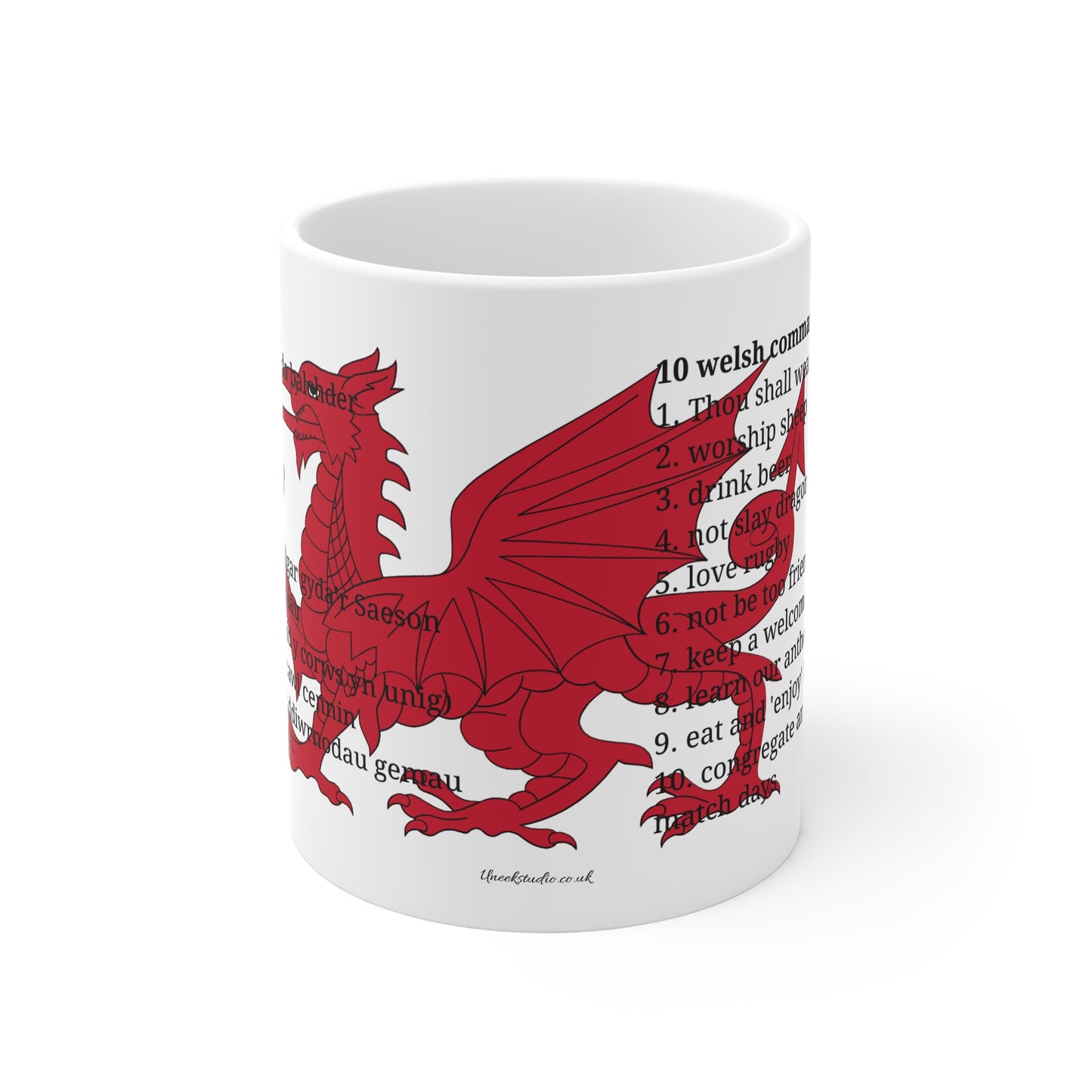 Mwg 10 Gorchymyn Cymreig | Mwg Cymraeg Doniol | Mwg Draig Cymru | Anrheg i Dad Cymreig | Mwg Dwyieithog Cymraeg a Saesneg