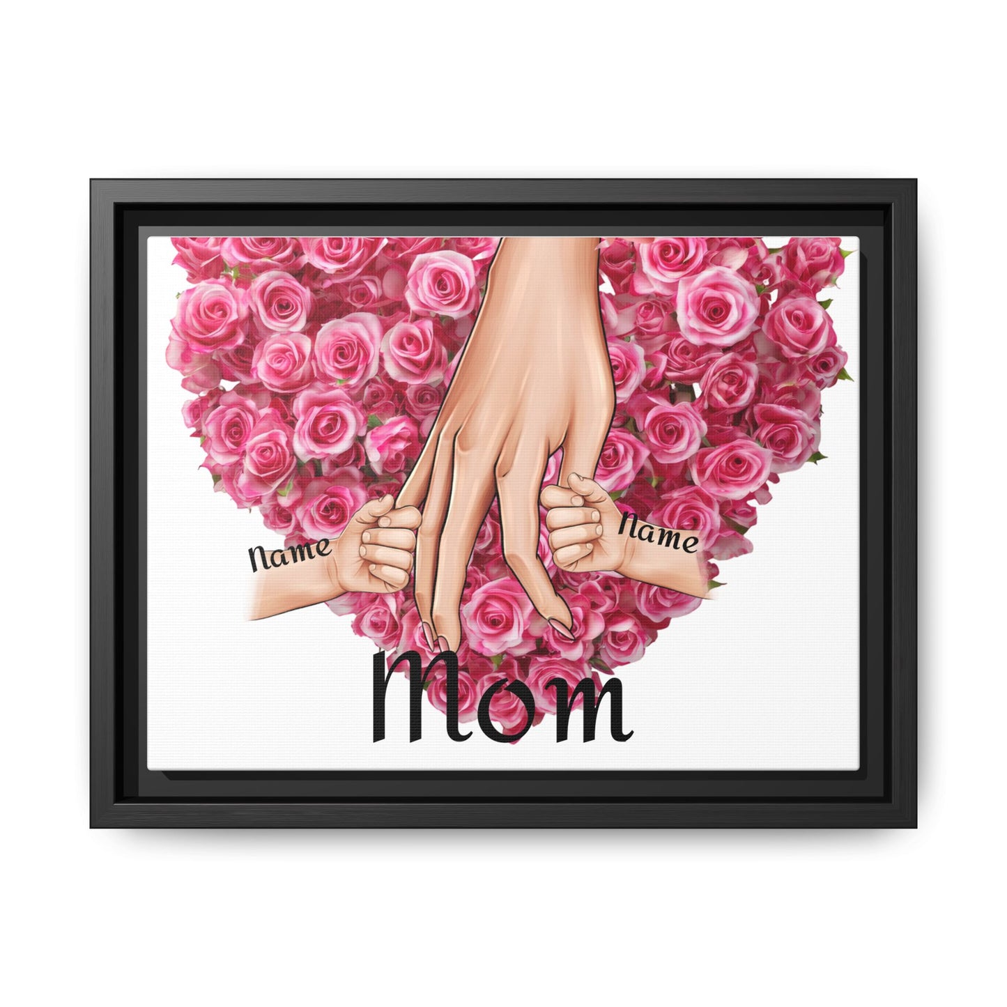 Framed Canvas Wall Art — 'Mom' Heart of Roses with Child Hands (Personalizable Names)