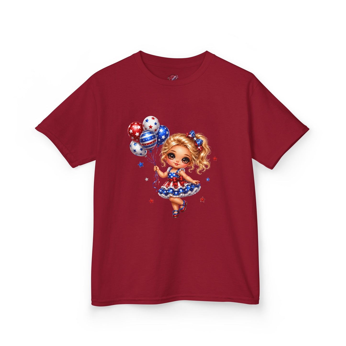 Kids Tee — Cute Patriotic Girl with Stars & Balloons (4th of July)