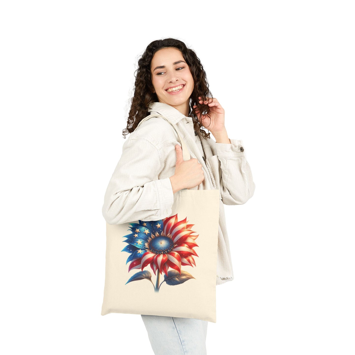 Patriotic Sunflower Tote Bag - American Flag Floral Cotton Canvas Tote