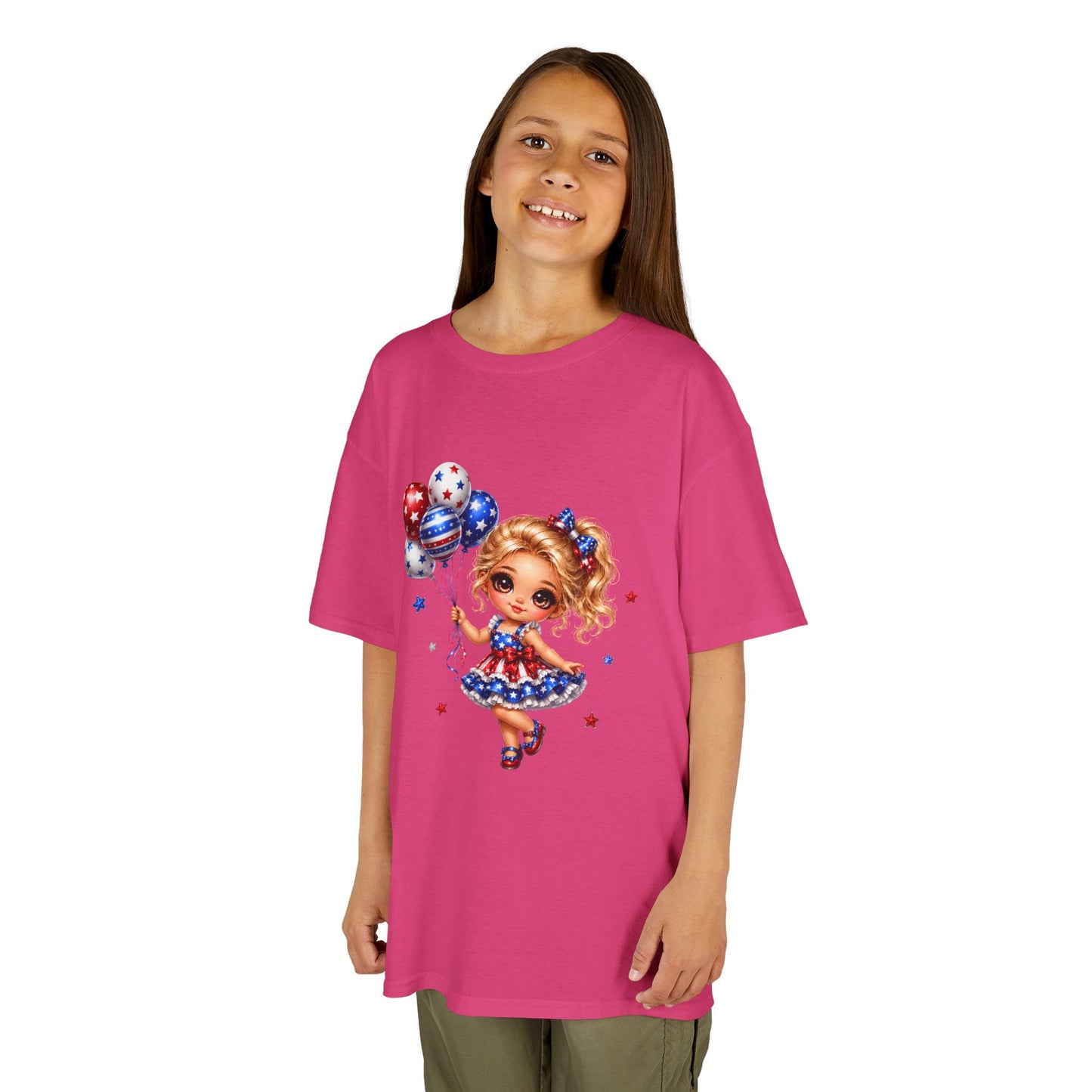 Kids Tee — Cute Patriotic Girl with Stars & Balloons (4th of July)