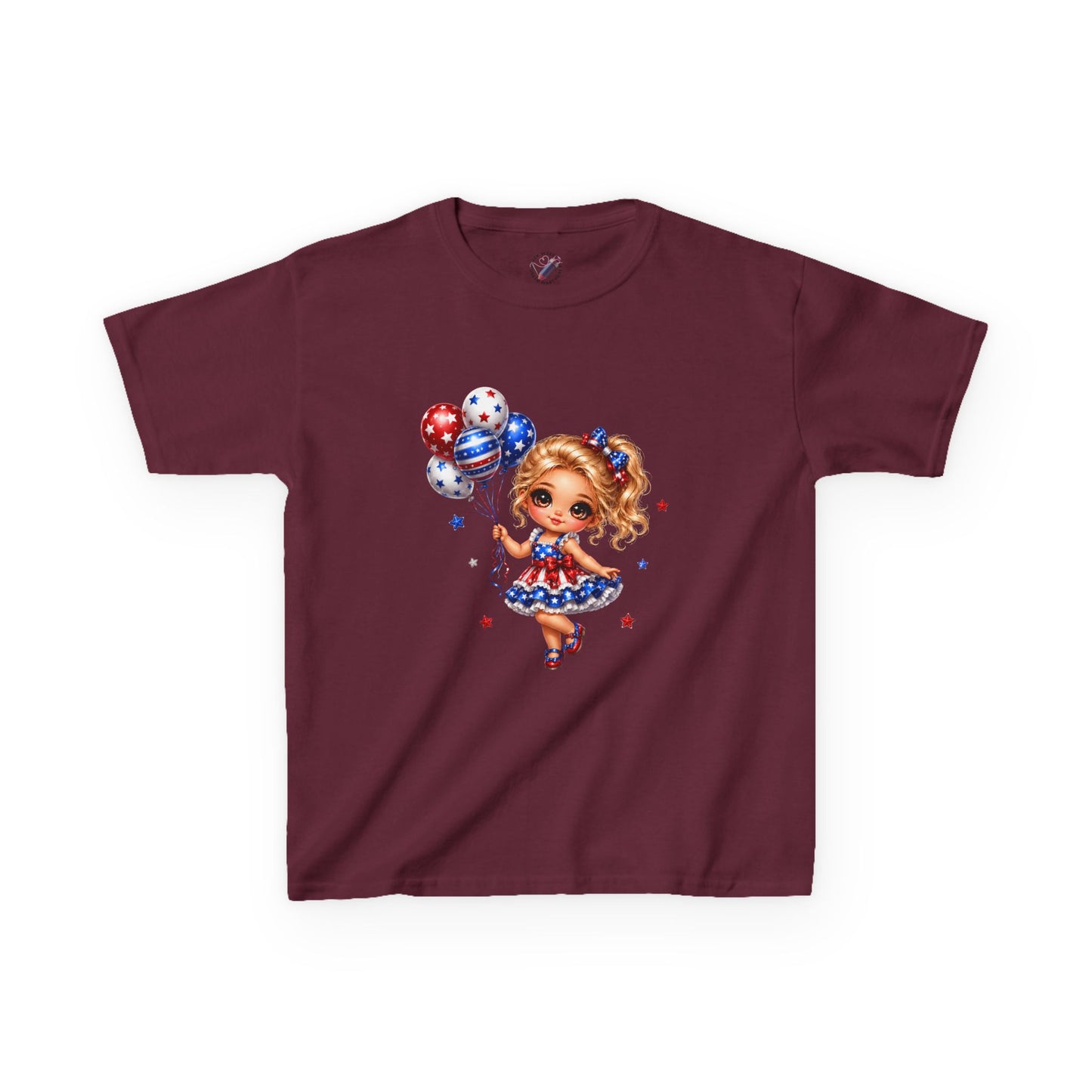 Kids Tee — Cute Patriotic Girl with Stars & Balloons (4th of July)