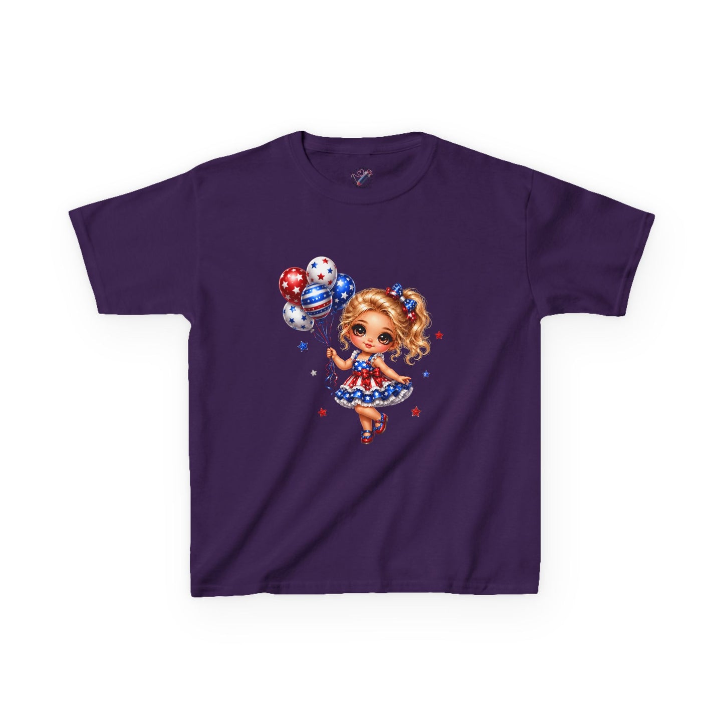 Kids Tee — Cute Patriotic Girl with Stars & Balloons (4th of July)