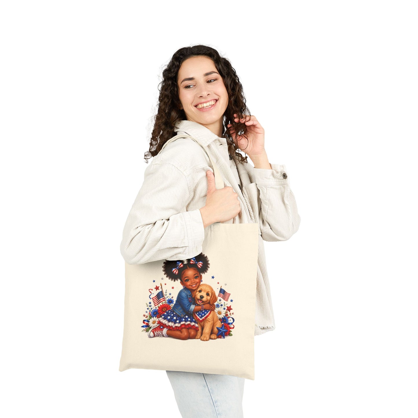 Patriotic Girl & Puppy Canvas Tote — 4th of July Independence Day Grocery Bag