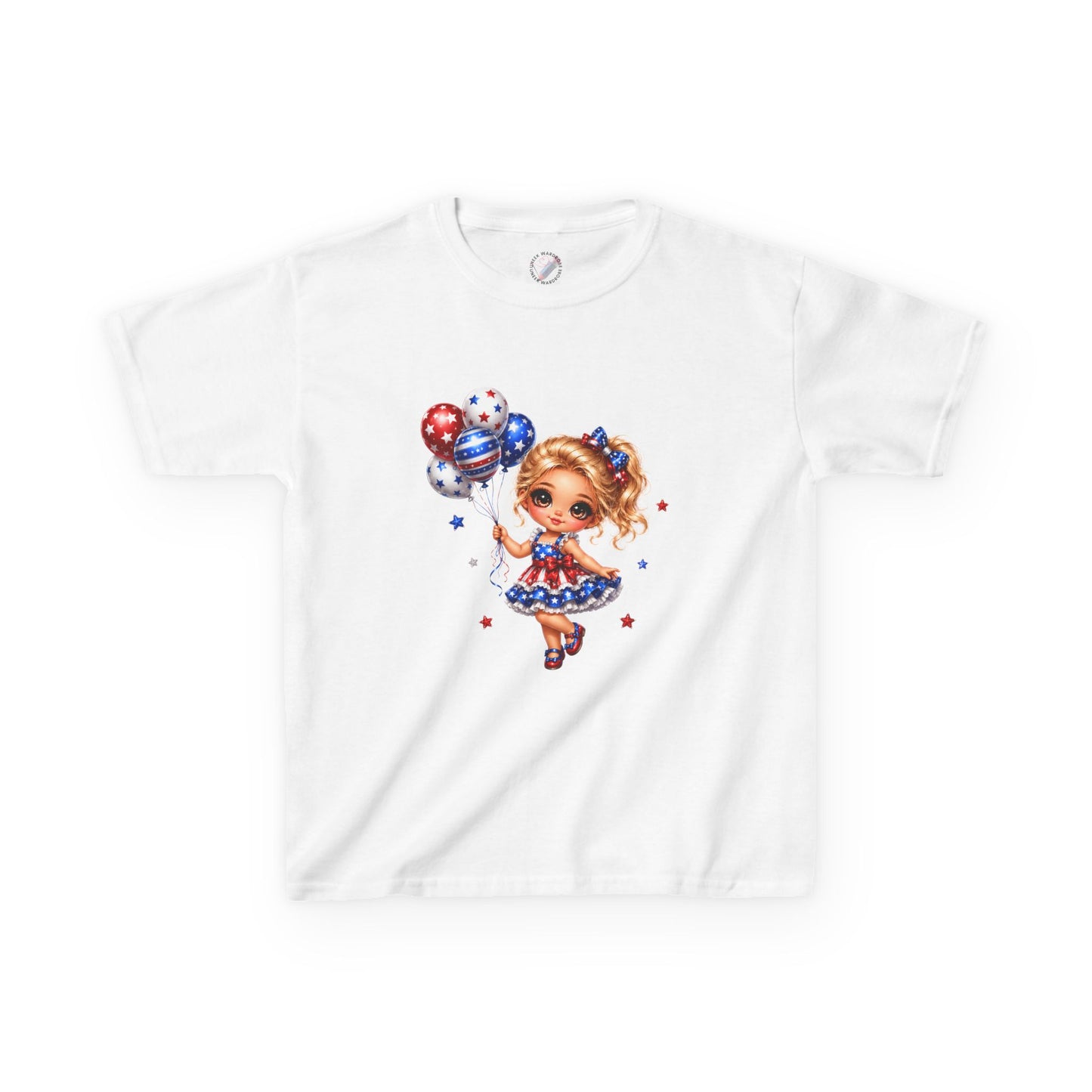 Kids Tee — Cute Patriotic Girl with Stars & Balloons (4th of July)