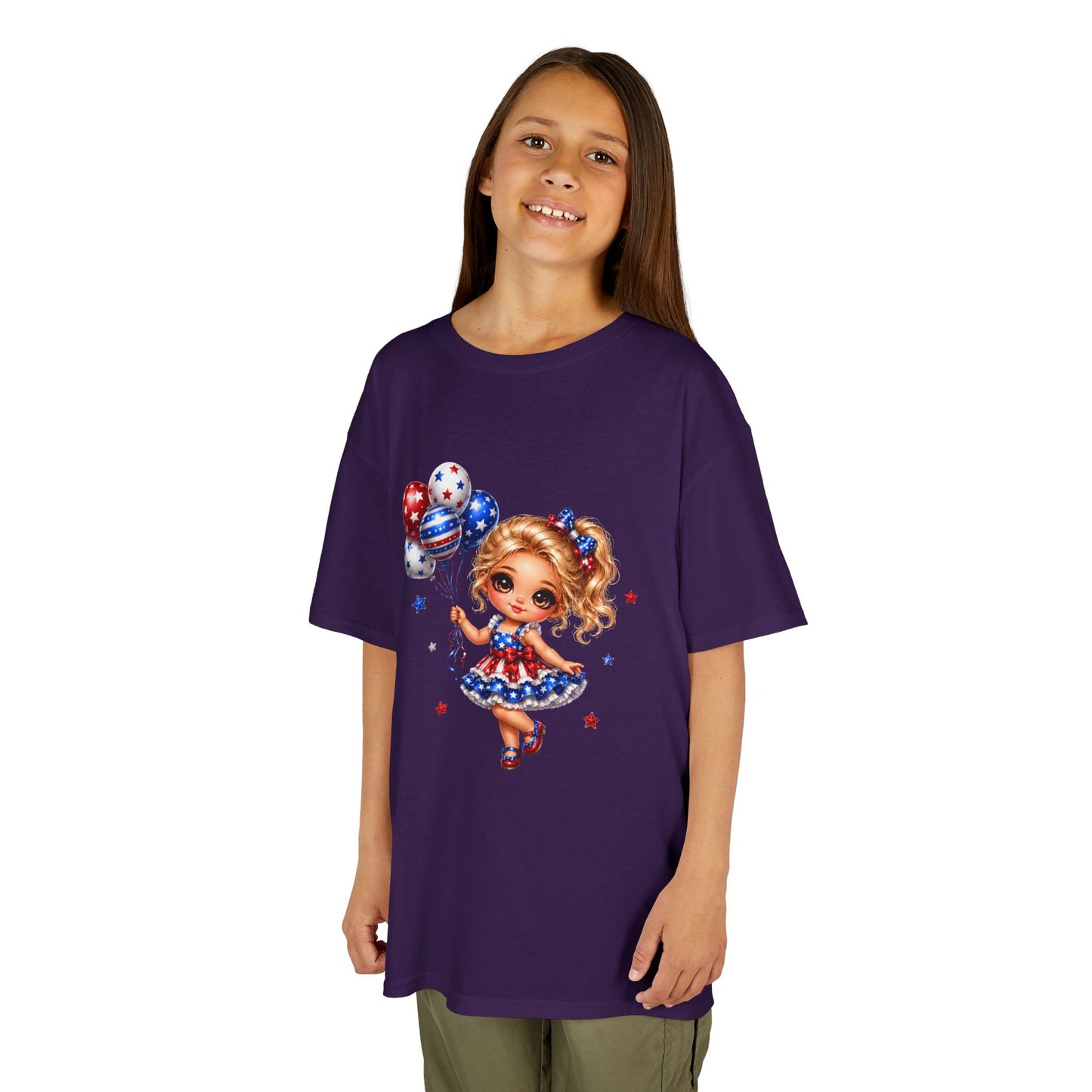 Kids Tee — Cute Patriotic Girl with Stars & Balloons (4th of July)