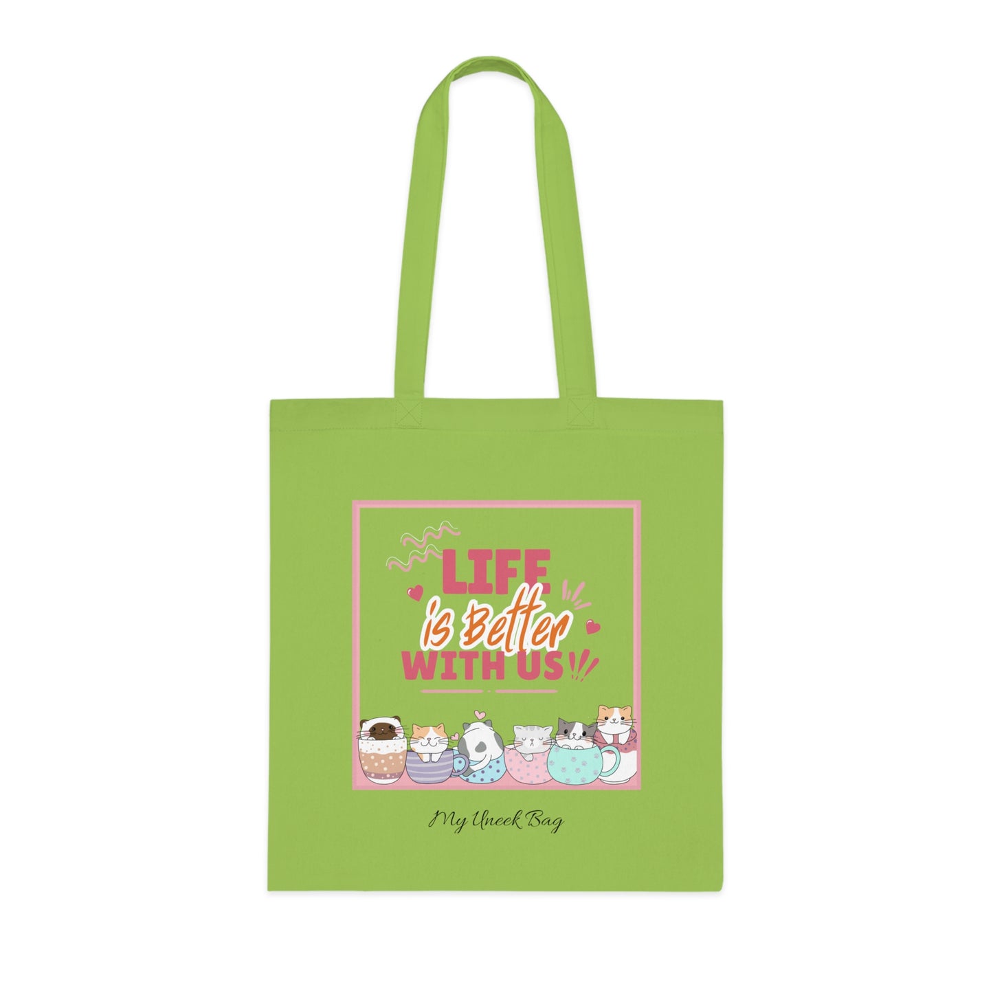 Tote Bag — "Life Is Better With Us" Cute Coffee & Cat Illustration Cotton Tote