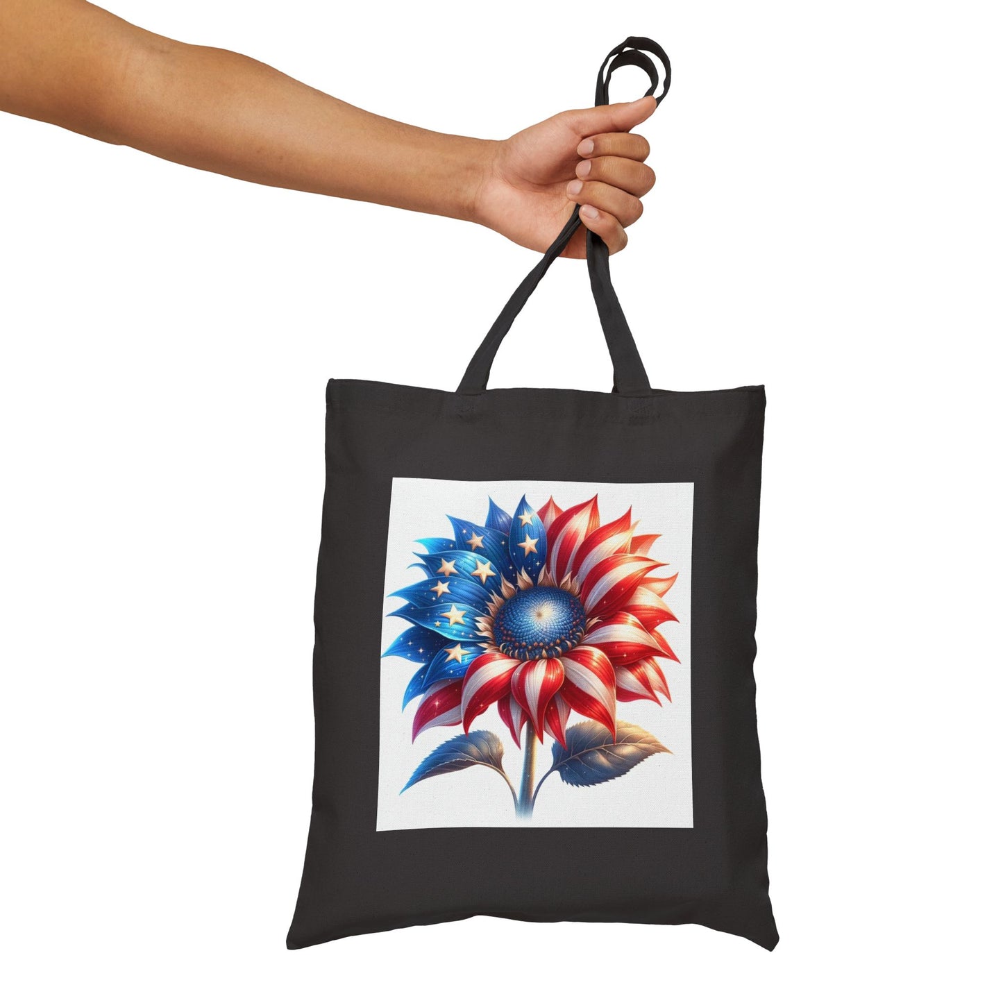 Patriotic Sunflower Tote Bag - American Flag Floral Cotton Canvas Tote
