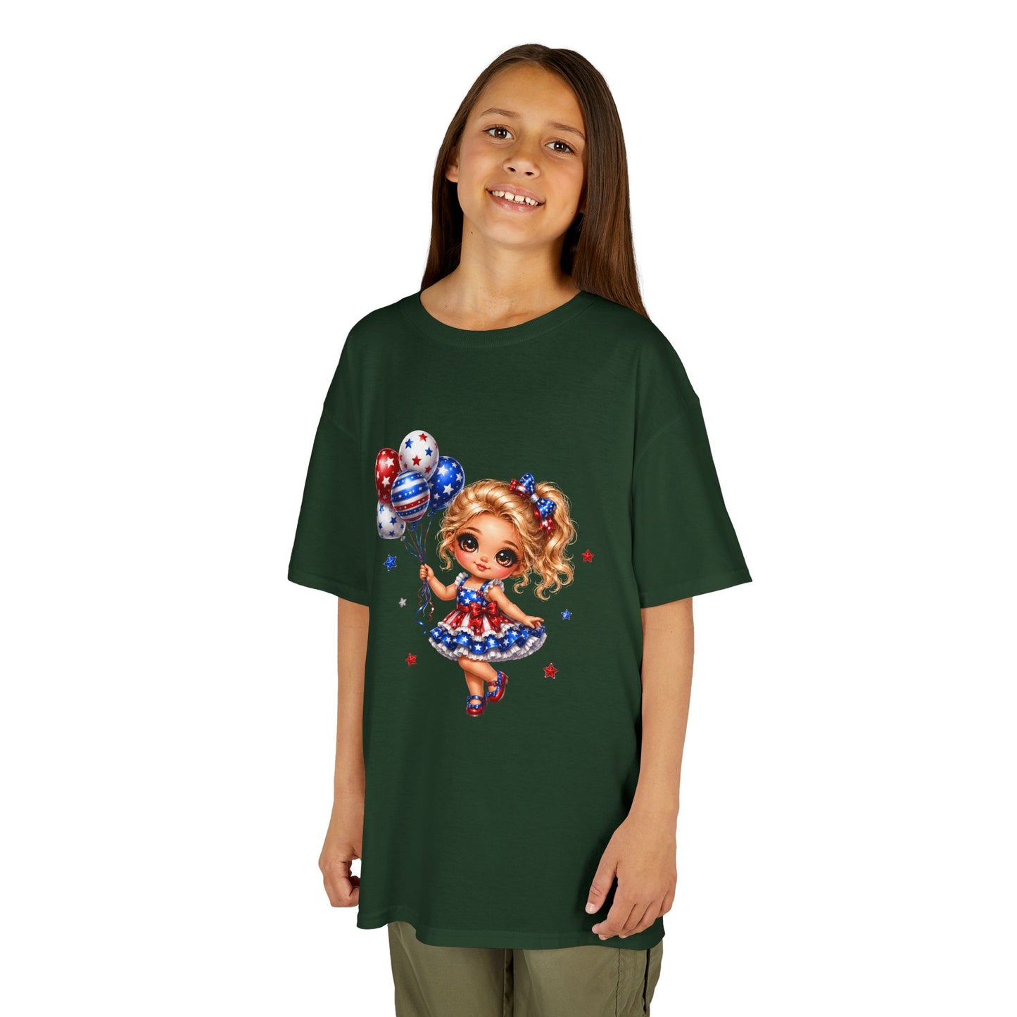 Kids Tee — Cute Patriotic Girl with Stars & Balloons (4th of July)