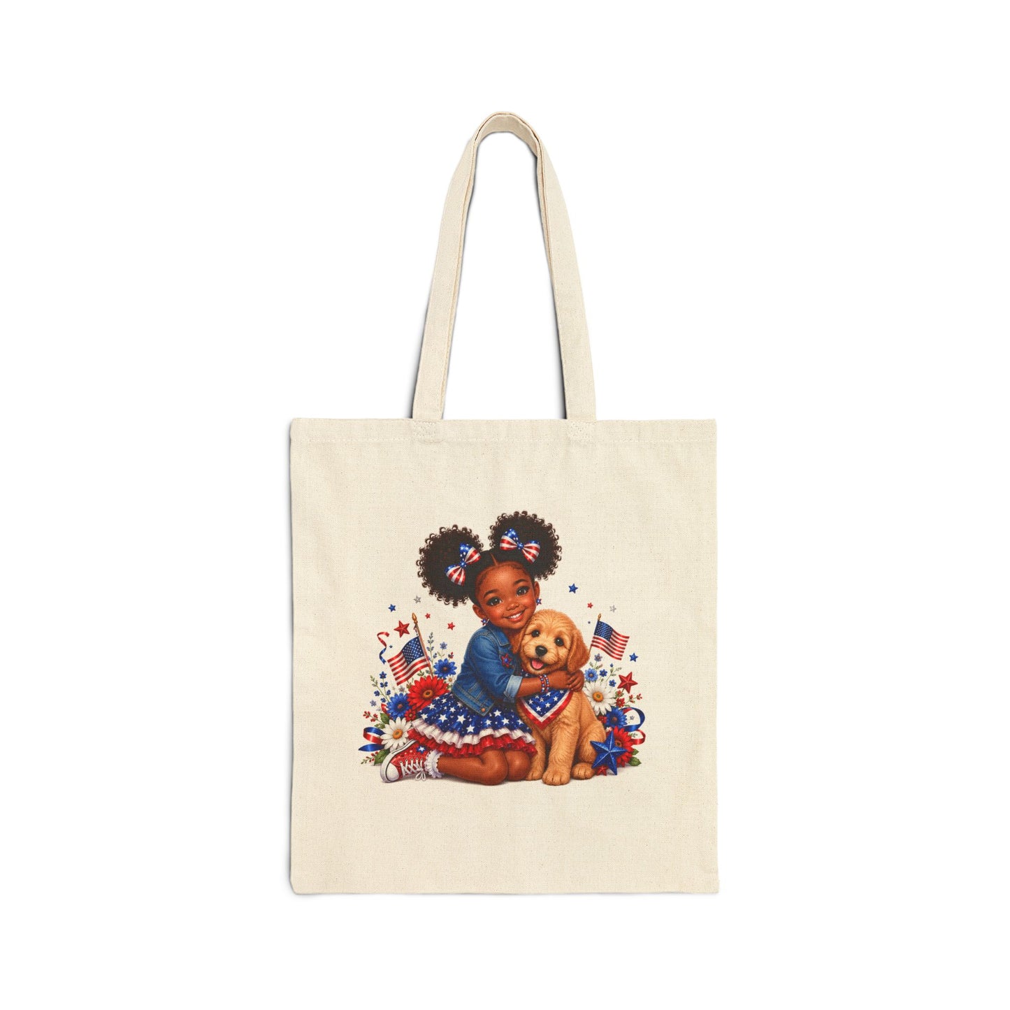 Patriotic Girl & Puppy Canvas Tote — 4th of July Independence Day Grocery Bag