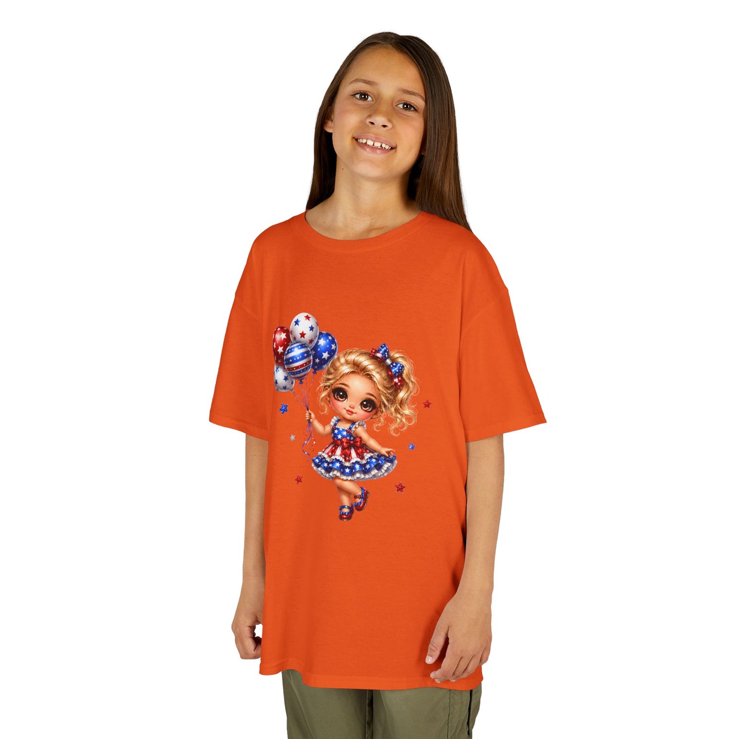 Kids Tee — Cute Patriotic Girl with Stars & Balloons (4th of July)