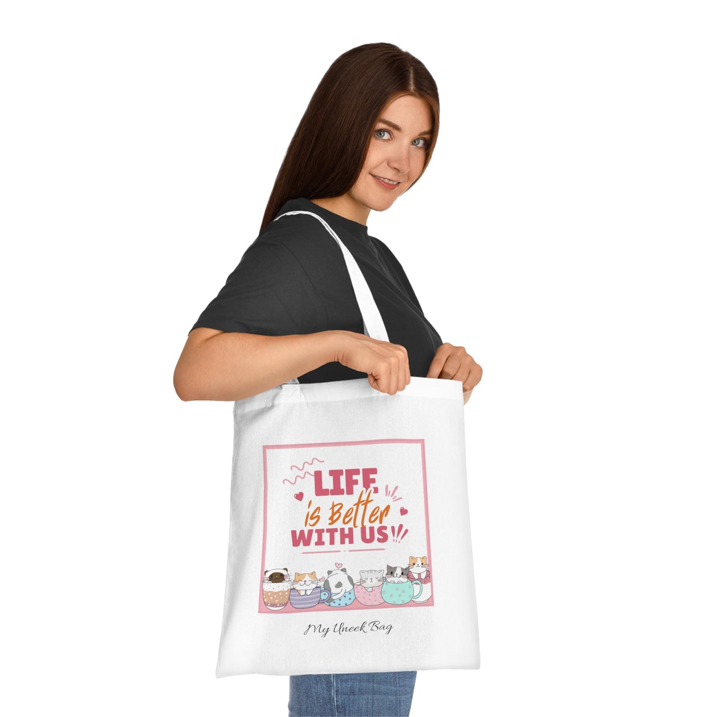 Tote Bag — "Life Is Better With Us" Cute Coffee & Cat Illustration Cotton Tote