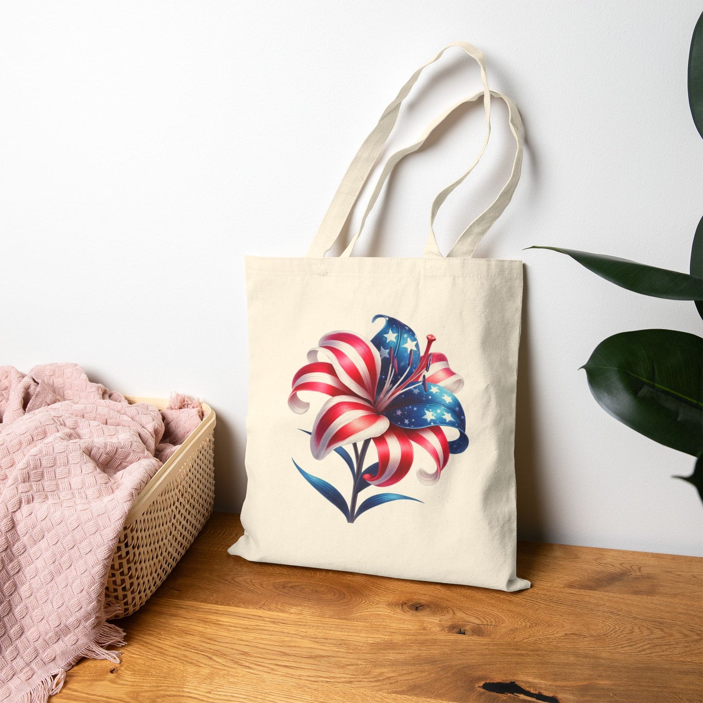 Patriotic Flag Lily Tote Bag — USA Floral Cotton Canvas Shopper for 4th of July
