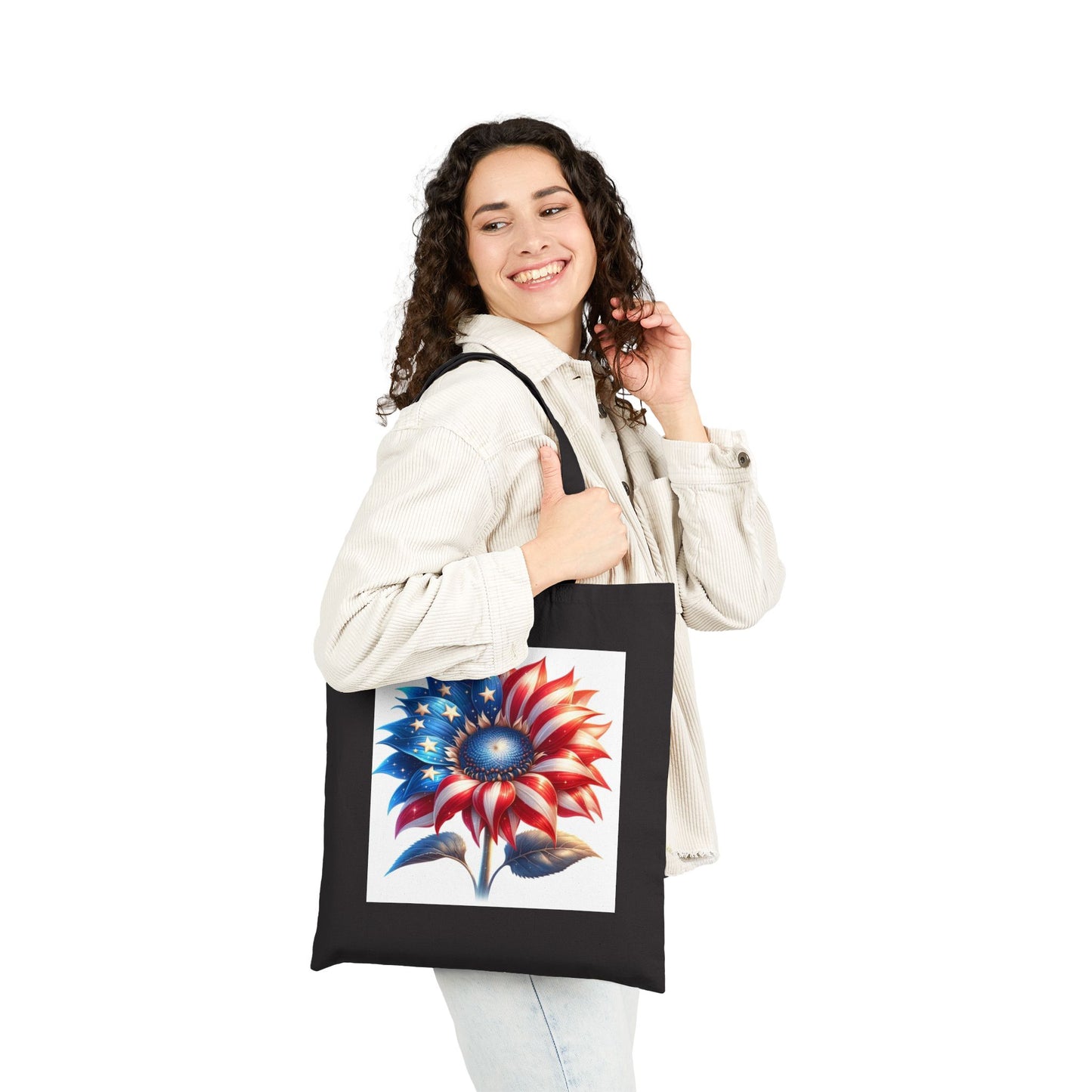 Patriotic Sunflower Tote Bag - American Flag Floral Cotton Canvas Tote