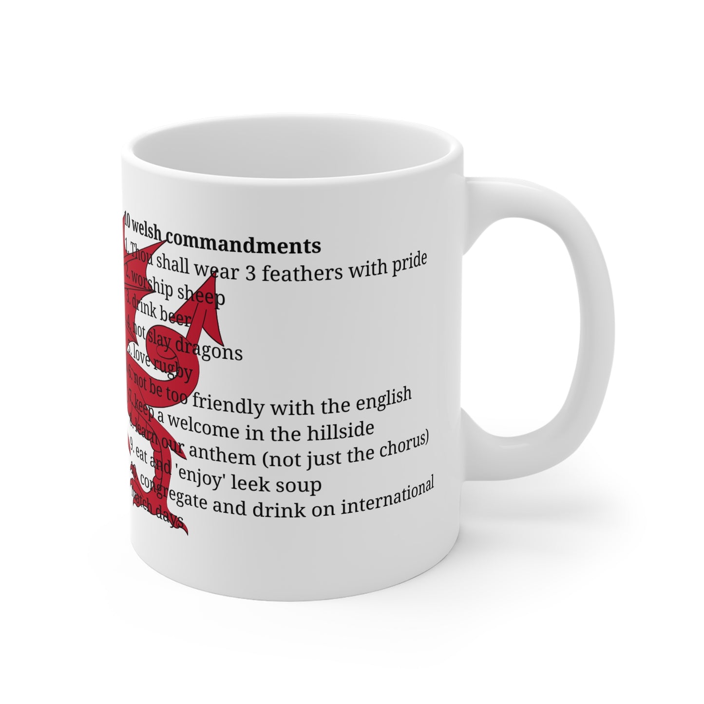 Mwg 10 Gorchymyn Cymreig | Mwg Cymraeg Doniol | Mwg Draig Cymru | Anrheg i Dad Cymreig | Mwg Dwyieithog Cymraeg a Saesneg