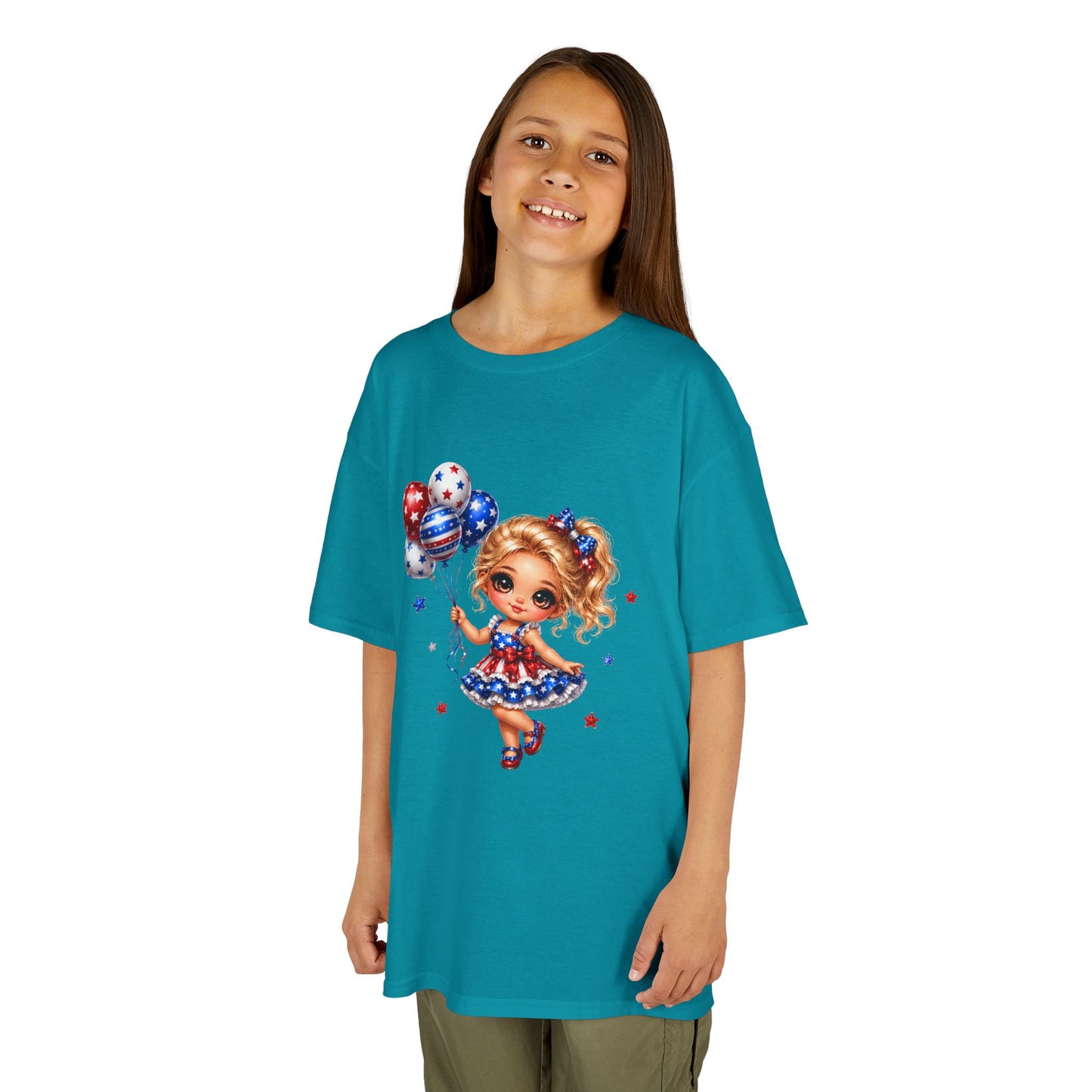 Kids Tee — Cute Patriotic Girl with Stars & Balloons (4th of July)