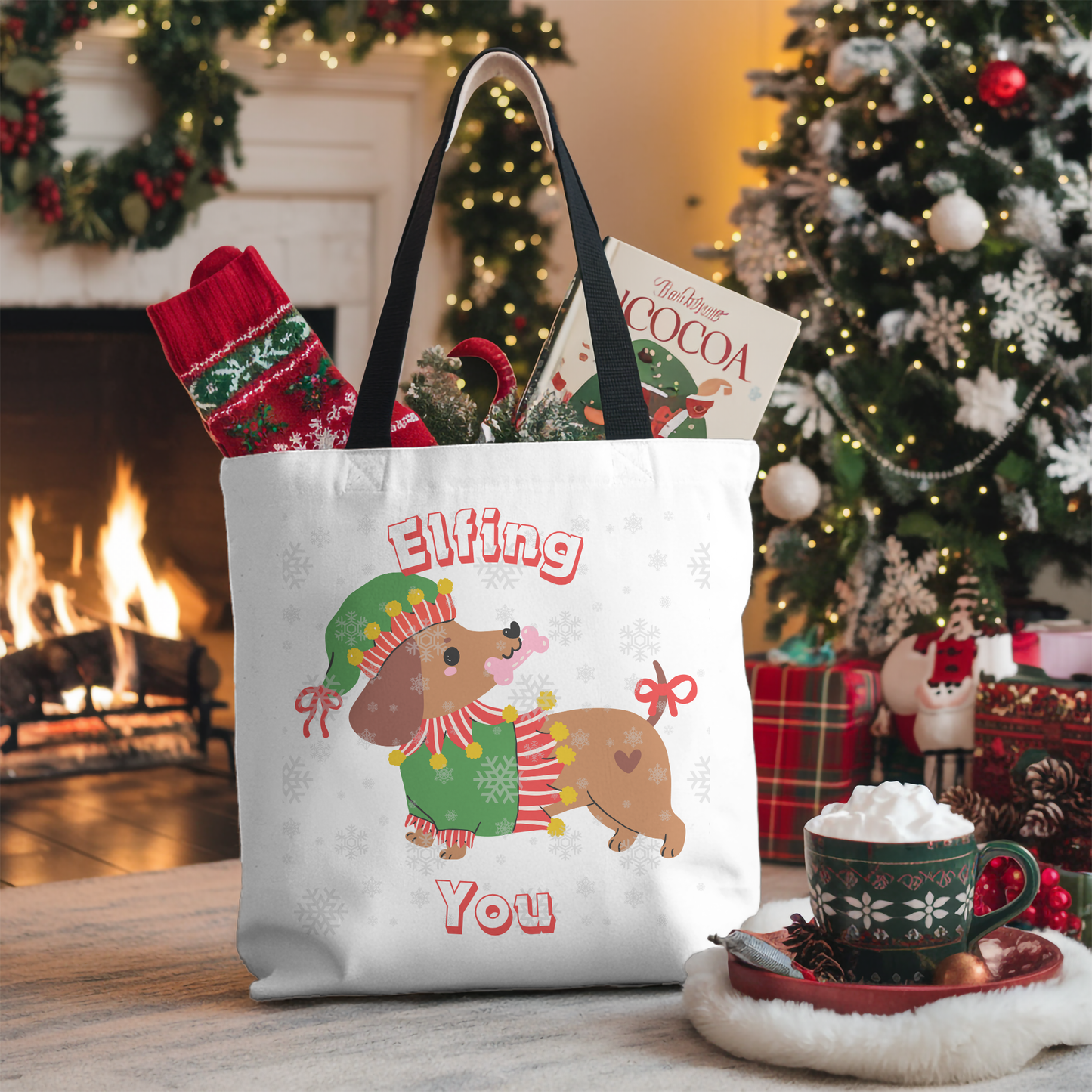Cute Dachshund 'Elffing You' Christmas Tote Bag – Holiday Dog Lover Gift