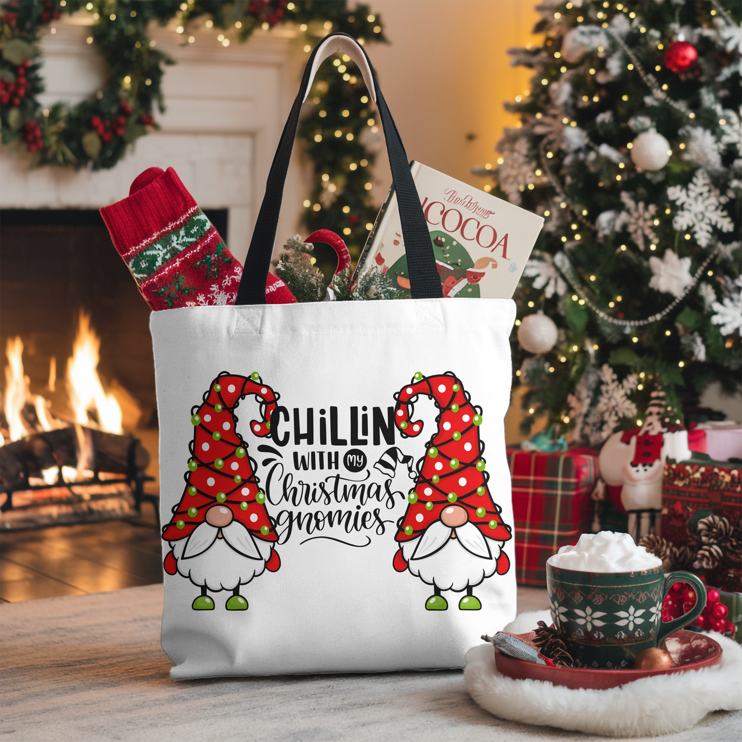 Chillin With My Gnomies Cotton Tote | Christmas Gnome Illustration