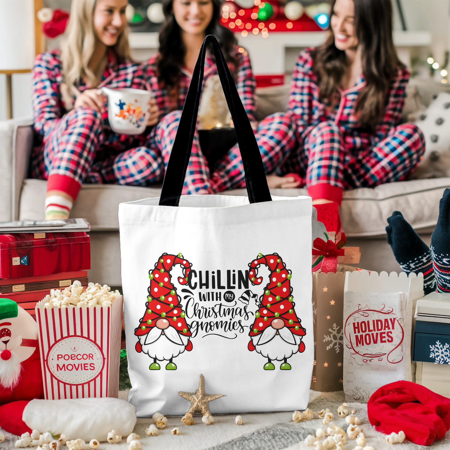 Chillin With My Gnomies Cotton Tote | Christmas Gnome Illustration