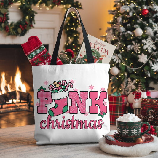 Pink Christmas Tote Bag - Festive Holiday Shoulder Shopper with Candy Cane Stocking Design