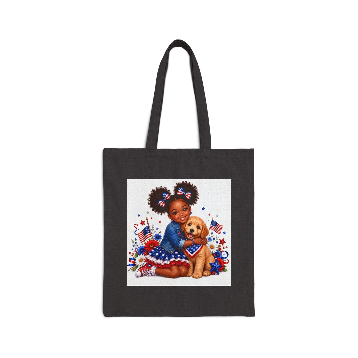 Patriotic Girl & Puppy Canvas Tote — 4th of July Independence Day Grocery Bag