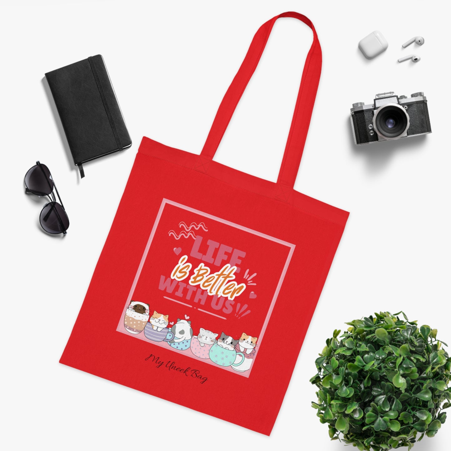 Tote Bag — "Life Is Better With Us" Cute Coffee & Cat Illustration Cotton Tote