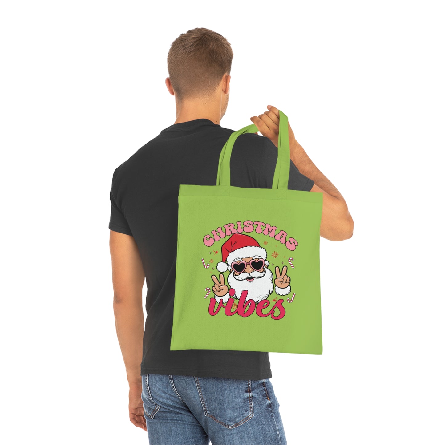 Christmas Vibes Cotton Tote Bag — Santa Peace Sign Holiday Market Tote