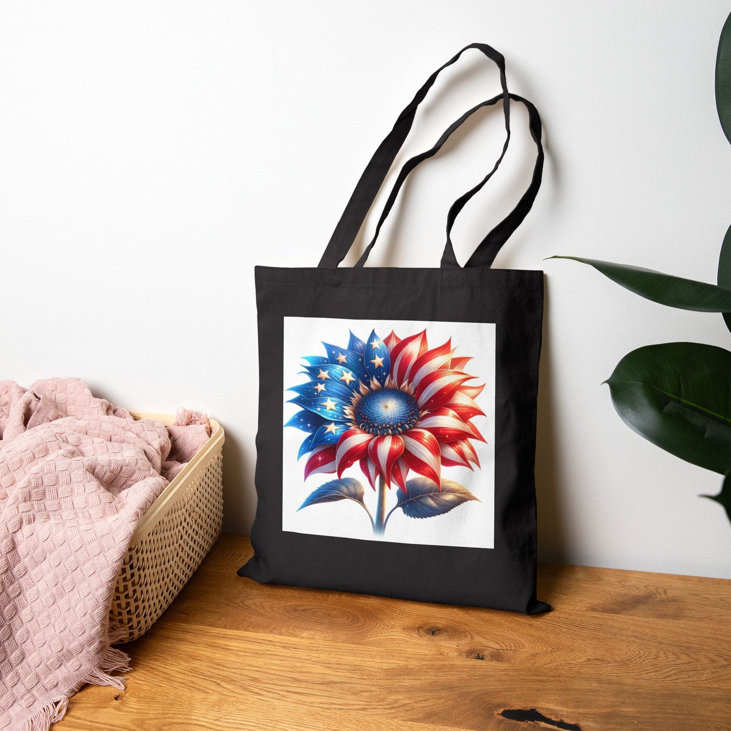 Patriotic Sunflower Tote Bag - American Flag Floral Cotton Canvas Tote
