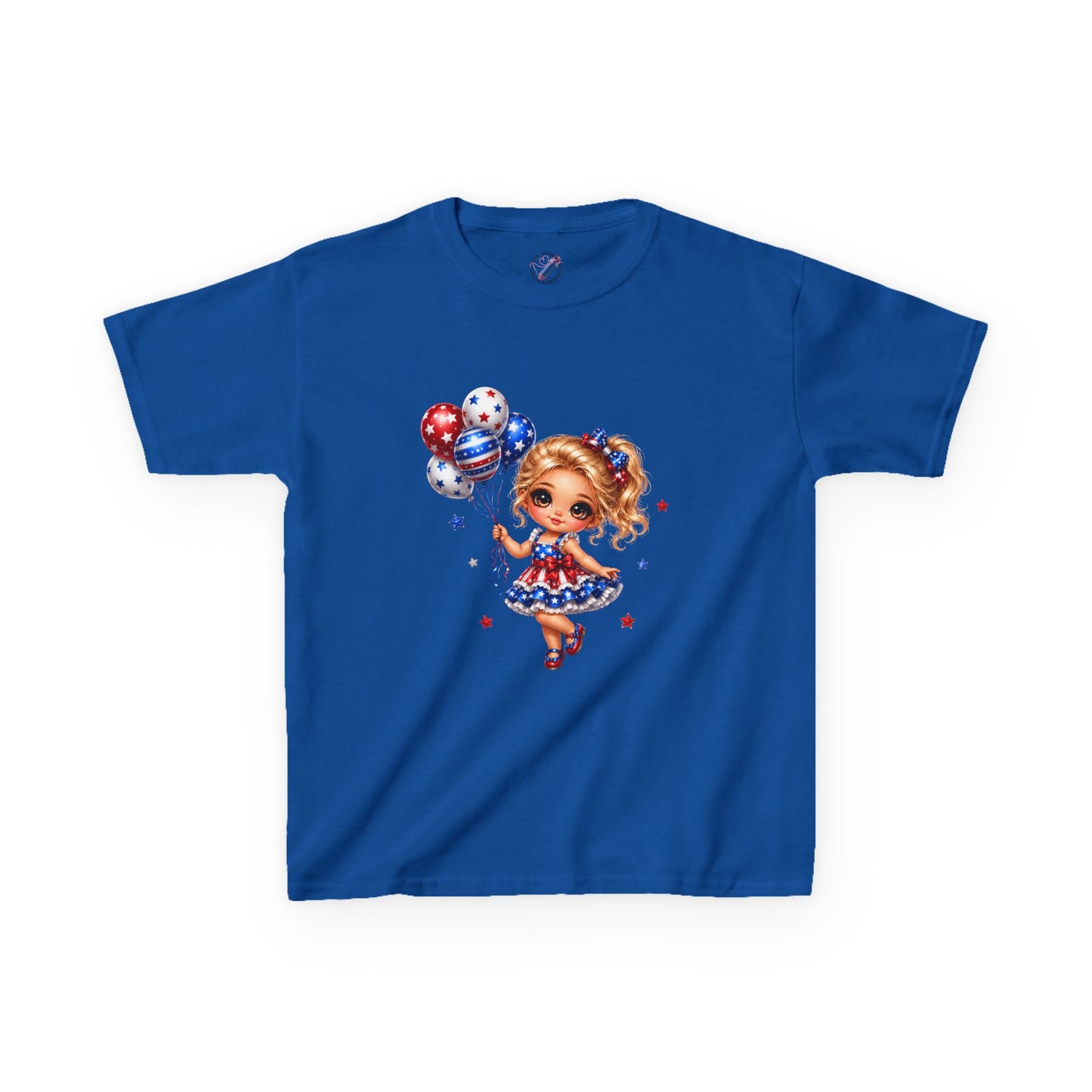 Kids Tee — Cute Patriotic Girl with Stars & Balloons (4th of July)